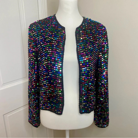 VINTAGE 90’s 100% Silk Sequin Rainbow Papell Boutique Evening Crop Jacke… - Picture 1 of 10